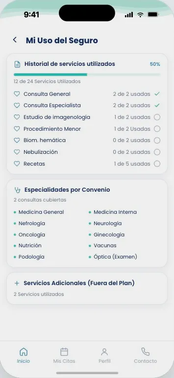 Plan usage screen: the services used so far and the specialties the plan covers